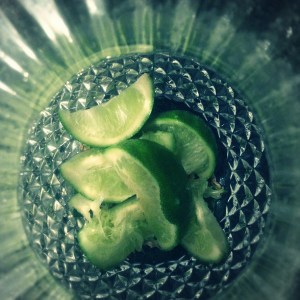 One whole sliced lime in a crystal water pitcher. What this image doesn't allow to the viewer to see is the ginger root and fresh mint leaves hidden underneath the slices of delicious citrus.