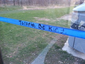 Bus stop graffiti at Lake Shore Blvd W and Kipling Ave in Etobicoke, Ontario. Photo by Leviana Coccia.