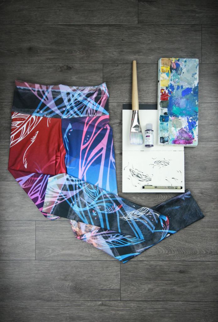 This is the artwork and the mediums used for the yoga leggings Kristina is wearing in the featured photo above, Kristina is wearing. They are called Featherscape and are part of the 2017 Collection. it would work well with a Photo by: Kelly Funk Photography. 